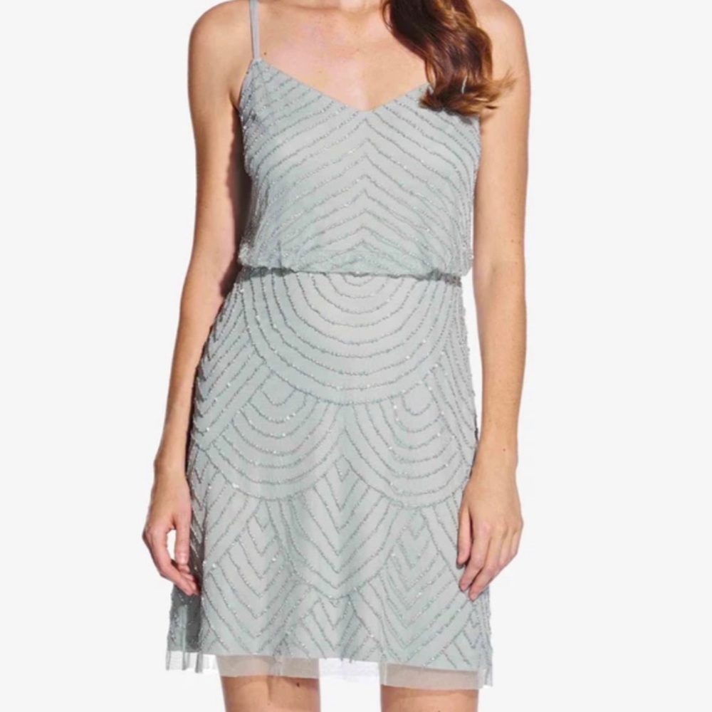 Adrianna Papell Light Sage Beaded Mini Dress